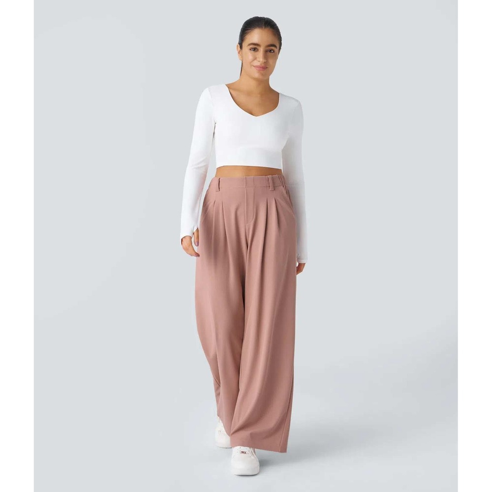 Halara Womens Wide Leg Pleated Trouser Size Small Rose Tan High Rise Waffle Knit